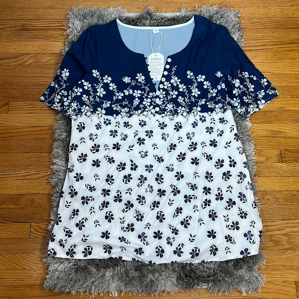 Navy and White Floral Short Sleeve Shirt
